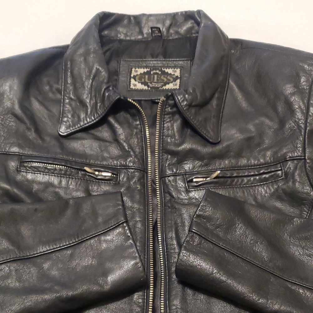 Guess Women's Black Genuine Leather Zip Jacket With Zippered Chest Pockets - Picture 5 of 16